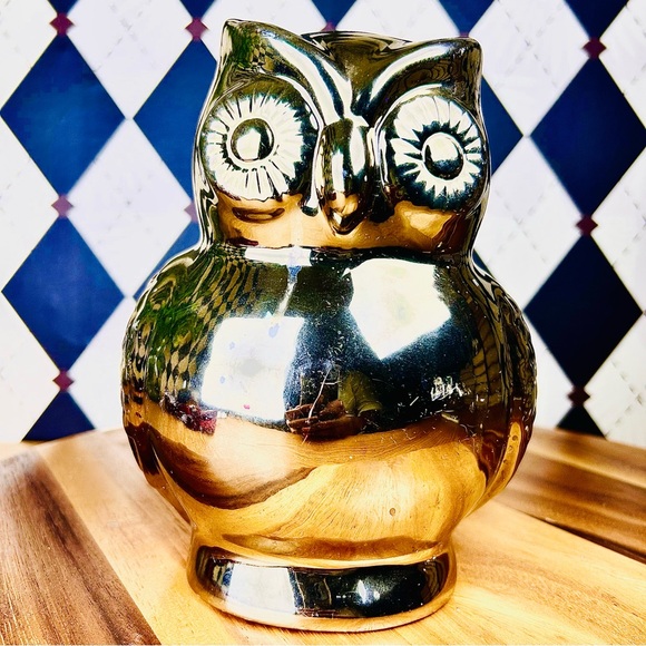 Gold-Tone Ceramic Owl Coin Bank and Decorative Figurine| 8” - Picture 4 of 10